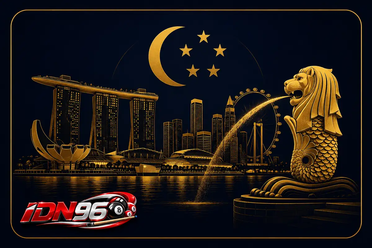 Pasaran togel Singapore di IDN96 — siluet Merlion dan skyline Singapura